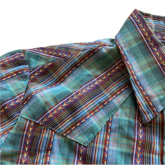 h.i.s Vintage Green Multi Plaid Pearl Snaps Western Shirt Top Women’s Medium - Picture 8 of 10